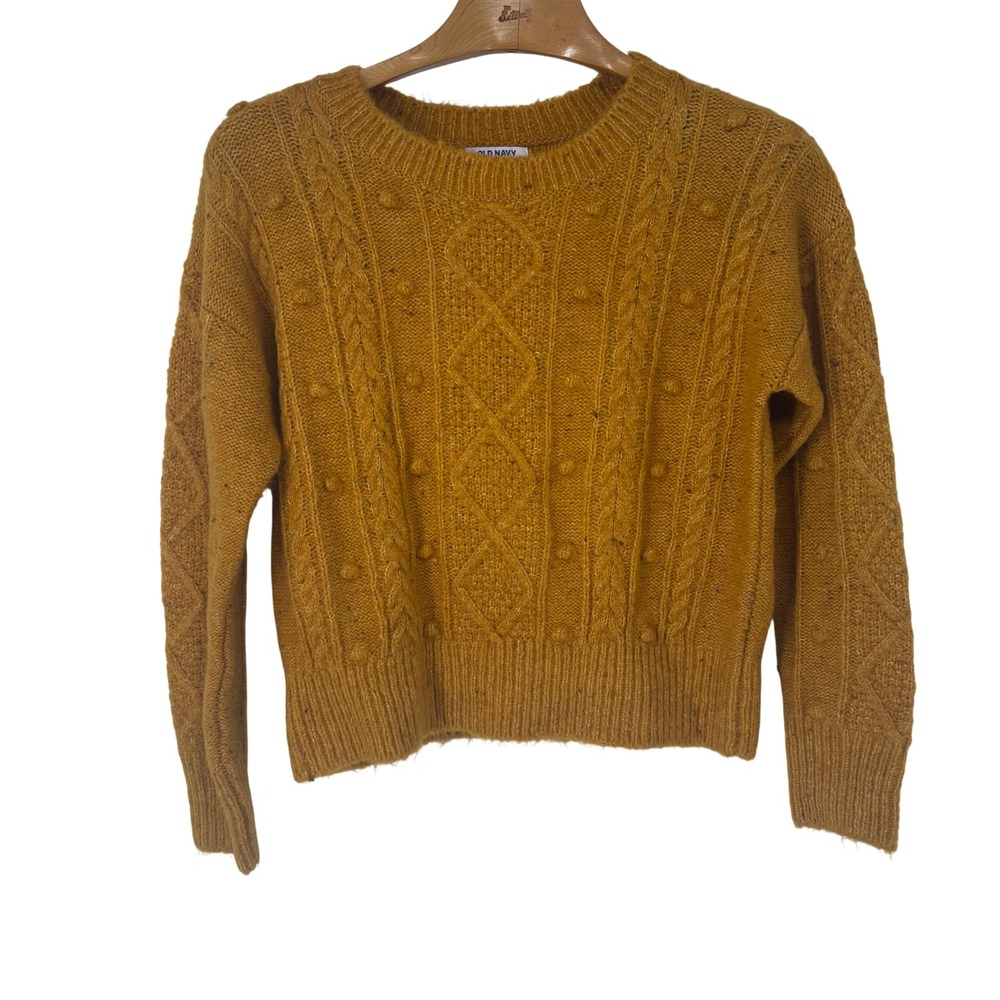 Old Navy Womens Mustard Yellow Cable Knit Bobble‎ Sweater Wool Blend Small NEW